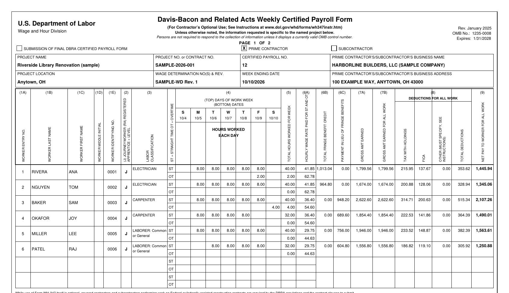 A completed WH-347 certified payroll produced by the app: seven workers, hours by day, rates, fringe, deductions and net pay